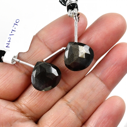 Black Moonstone Drops Leaf Shape 15x15mm Drilled Beads Matching Pair