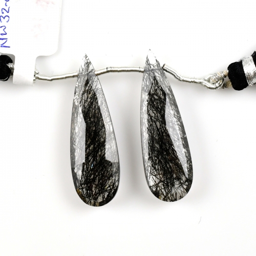 Black Rutilated Quartz Drops Almond Shape 37x11mm Drilled Beads Matching Pair