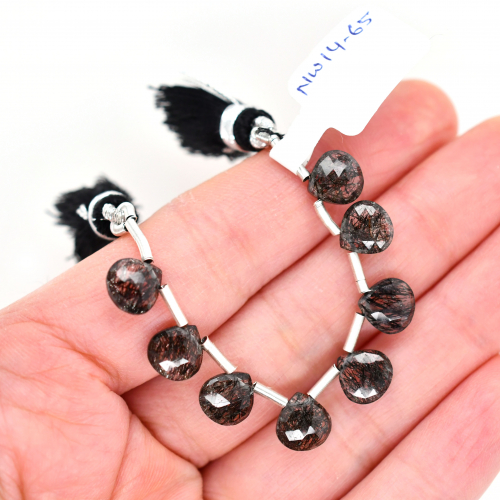 Black Rutilated Quartz Drops Heart 8x8mm Drilled Beads 8 Pieces Line