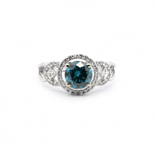 Blue Diamonds Round 1.28 Carat Ring In14K White Gold With White Diamond Accents