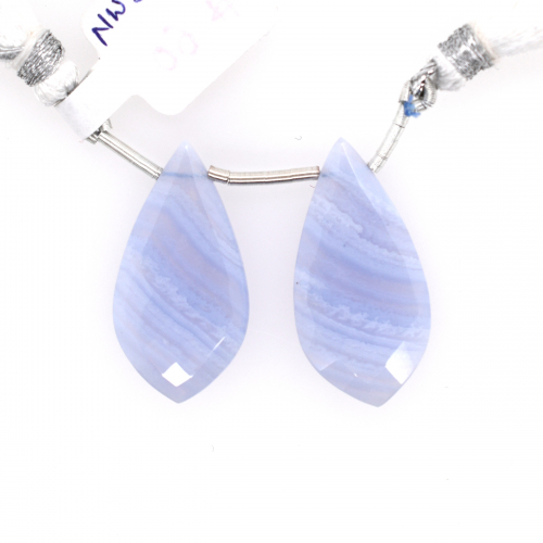 Blue Lace Agate Drops Leaf Shape 29x15mm Drilled Bead Matching Pair