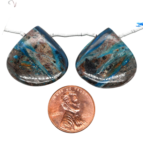 Blue Opalina Drops Heart Shape 23x23mm Drilled Beads Matching Pair