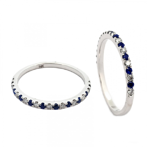 Blue Sapphire 0.18 Carat Stackable Wedding Ring Band In 14k White Gold With Diamonds