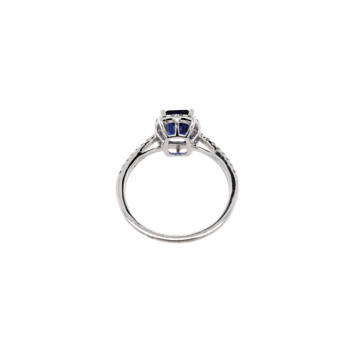Blue Sapphire Emerald Cut 1.14 Carat Ring With Accent Diamonds In 14k White Gold