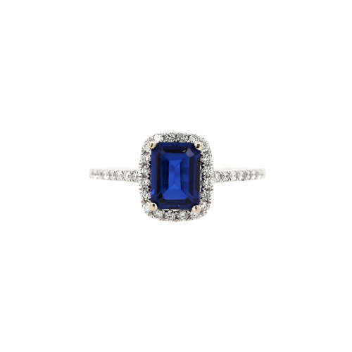 Blue Sapphire Emerald Cut 1.14 Carat Ring With Accent Diamonds In 14k White Gold