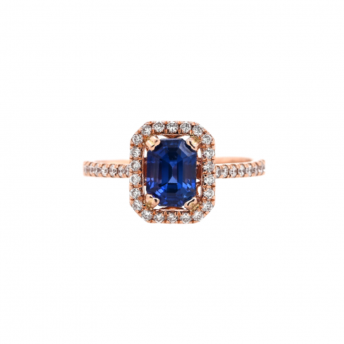 Blue Sapphire Emerald Cut 1.38 Carat Ring With Accent Diamonds In 14k Rose Gold