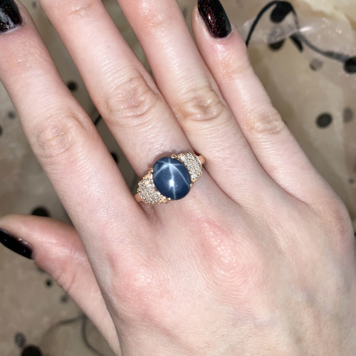 Blue Star Sapphire Cab Oval 5.36 Carat Ring With Accent Diamonds In 14k Rose Gold