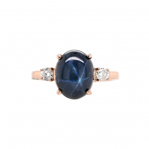 Blue Star Sapphire Cab Oval 5.73 Carat Ring with Accent Diamonds in 14K Rose Gold