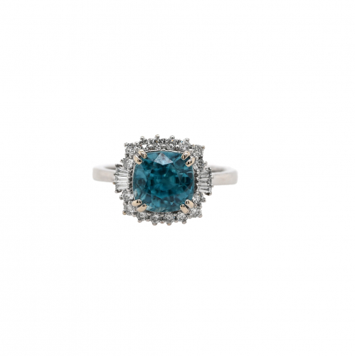 Blue Zircon Cushion Shape 4.76 Carat Ring With Diamond Accent In 14k White Gold