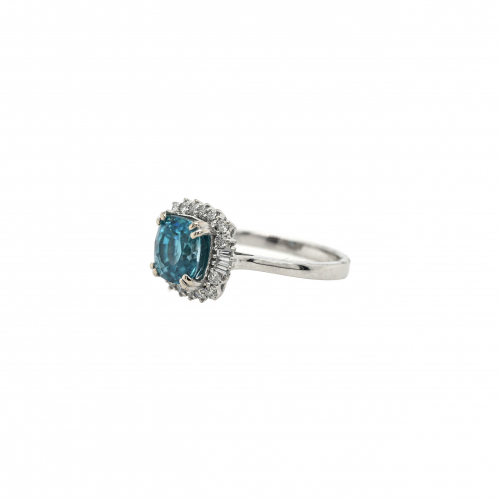 Blue Zircon Cushion Shape 4.76 Carat Ring With Diamond Accent In 14k White Gold
