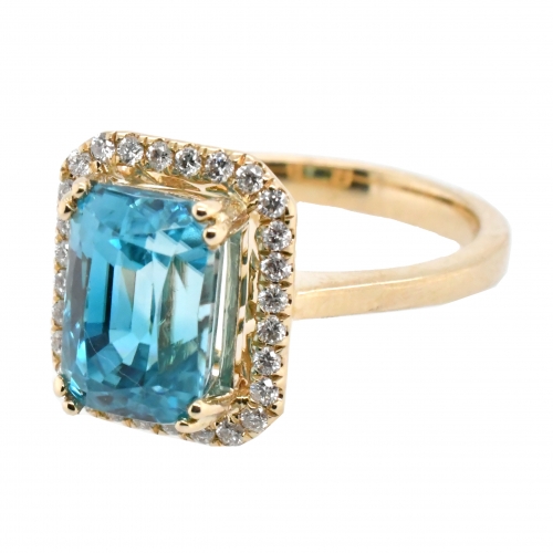 Blue Zircon Emerald 5.89 Carat Ring With Diamond Accent in 14K Yellow Gold