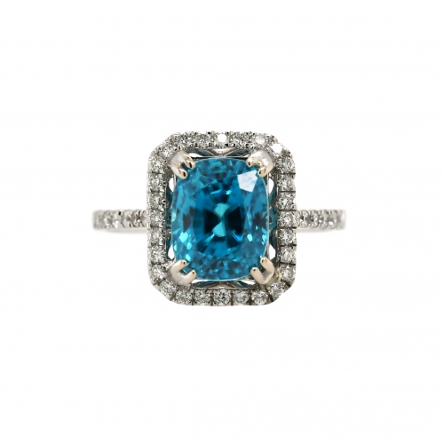 Blue Zircon Emerald Cushion 5.22 Carat With Diamond Accent In 14k White Gold