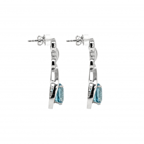 Blue Zircon Oval 11.40 Carat Dangle Earrings with Accent Diamonds in 14K White Gold