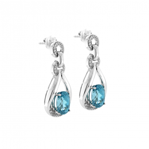 Blue Zircon Oval 11.40 Carat Dangle Earrings with Accent Diamonds in 14K White Gold