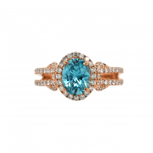 Blue Zircon Oval 1.82 Carat Ring With Diamond Accent In 14k Rose Gold