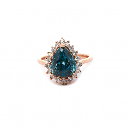 Blue Zircon Pear Shape 6.20 Carat Ring In 14k Rose Gold With Accented Diamonds