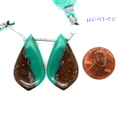 Boulder Chrysoprase Drops Leaf Shape 32x18mm Drilled Bead Matching Pair