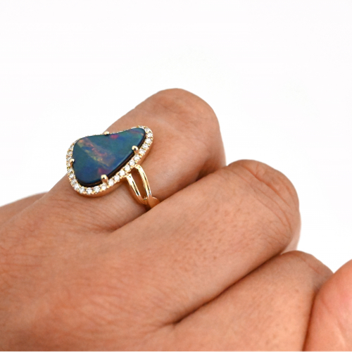 Boulder Opal Fancy Shape 2.35 Carat Ring In 14k Yellow Gold With Accent Diamonds