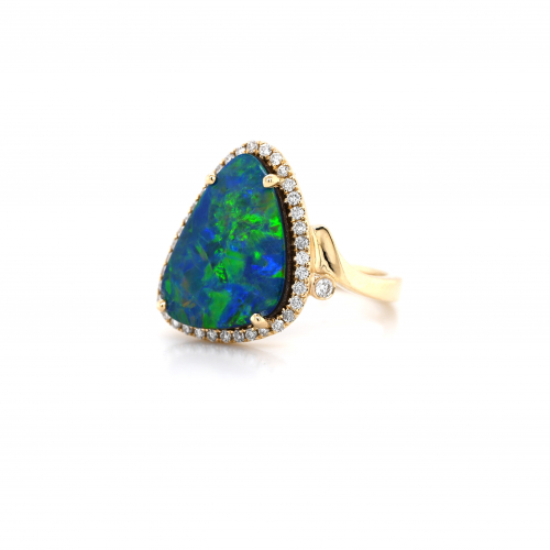Boulder Opal Fancy Shape 3.13 Carat Ring In 14k Yellow Gold With Accent Diamonds