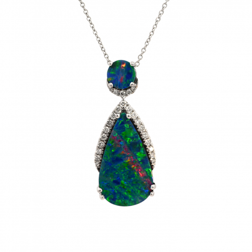 Boulder Opal Pear Shape Pendant 3.55 Carat With Accented Diamond In 14k White Gold