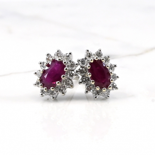 Burmese Ruby 0.94 Carat With Floral Diamond Halo Stud Earring in 14K White Gold