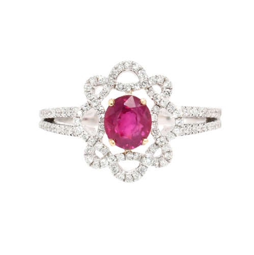 Burmese Ruby Oval 0.96 Carat in 14K Dual Tone (White/Yellow) Gold With Diamond Accents