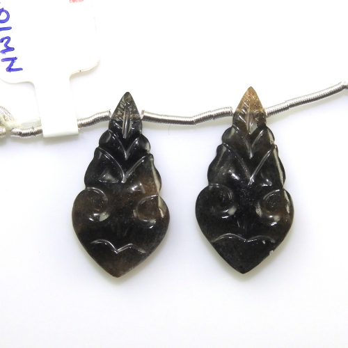 Carved Black Moonstone Drops Leaf Shape 26x13mm Drilled Beads Matiching Pair