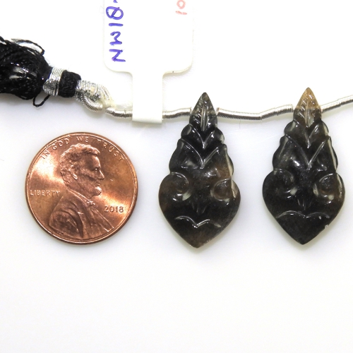 Carved Black Moonstone Drops Leaf Shape 26x13mm Drilled Beads Matiching Pair