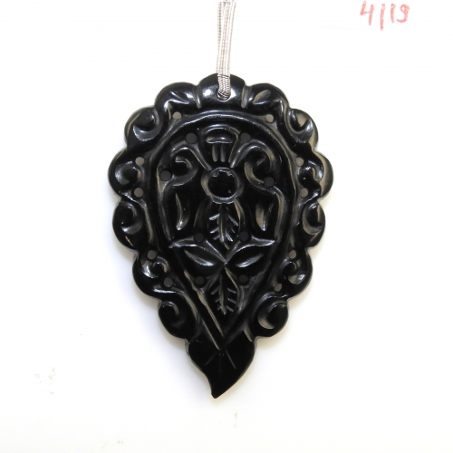 Carved Black Onyx Drop Leaf Shape 42x29mm Drilled Bead Single Pendnat Piece