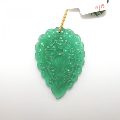 Carved Green Onyx Drop Leaf Shape 50x35mmdrilled Bead Single Pendnat Piece