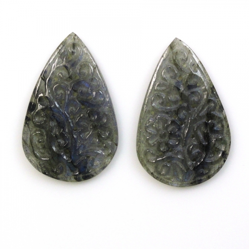 Carved Labradorite Pear Shape 32x20x3.5mm Matching Pair Approximately 33 Carat