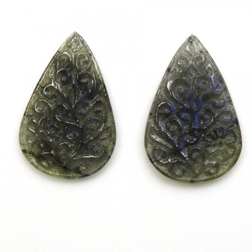 Carved Labradorite Pear Shape 33x21x3.5mm Matching Pair Approximately 36.60 Carat