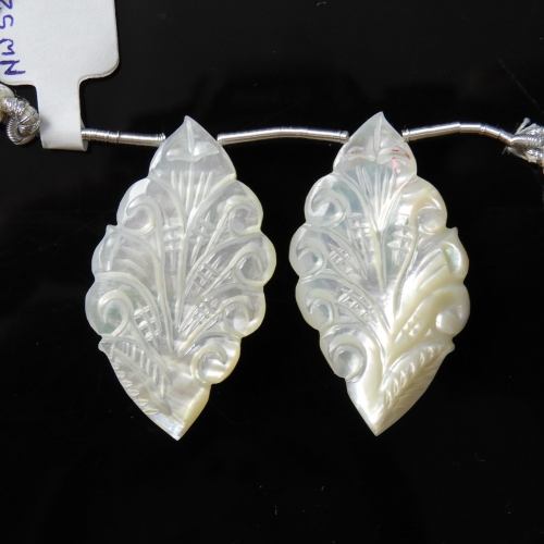 Carved Mother Of Pearl Drops Fancy Shape 38x21mm Drilled Beads Matching Pair