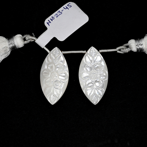 Carved Mother Of Pearl Drops Marquise Shape 27x14mm Drilled Bead Matching Pair
