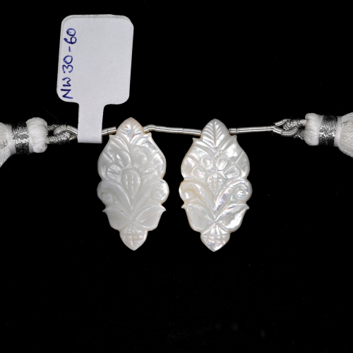 Carved Mother of Pearl Drops Marquise Shape 27x15mm Drilled Bead Matching Pair