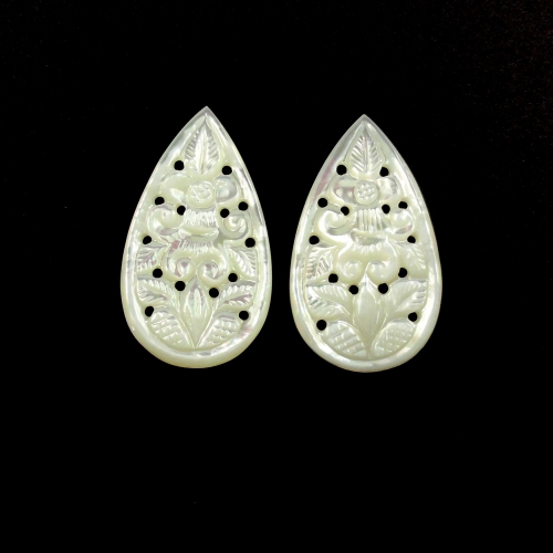 Carved Mother of Pearl Pear Shape 33X20X2mm Matching Pair Approximately 32.20 Carat