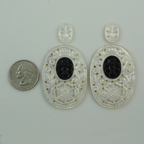 Carved Mother of Pearl with Black Onyx Oval 15X11X2MM  &  50X35X3mm Matching Pair 102.70 Carat