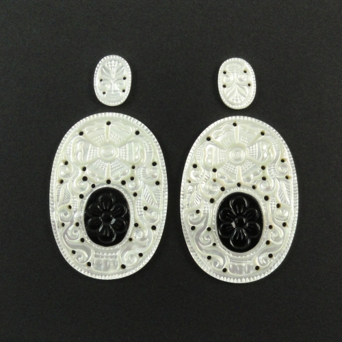 Carved Mother of Pearl with Black Onyx Oval 15X11X2MM  &  50X35X3mm Matching Pair 102.70 Carat