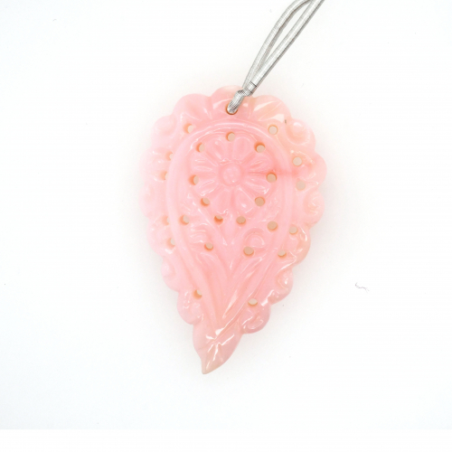 Carved Pink Opal Drop Leaf Shape 46x29mm Drilled Bead Single Pendant Piece
