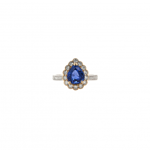 Ceylon Blue Sapphire Pear Shape 2.02 Carat Ring in 14K Dual Tone (White/Yellow) Gold with Accent Diamonds