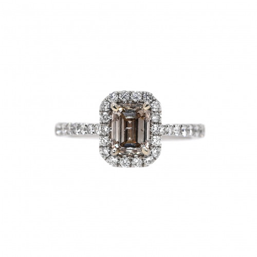 Champagne Diamond Emerald Cut 1.03 Carat Ring With White Accent Diamonds In 14k White Gold