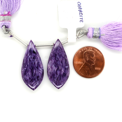 Charoite Drops Leaf Shape 30x13mm Drilled Bead Matching Pair