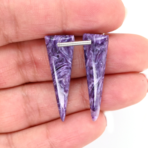 Charoite Drops Trillion Shape 31x10mm Front To Back Drilled Bead Matching Pair