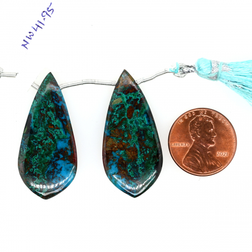 Chrysocolla Drops Leaf Shape 36X17mm Drilled Bead Matching Pair