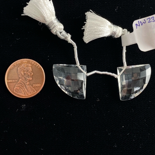 Clear Quartz Fan Shape 22x17mm Drilled Beads Matching Pair