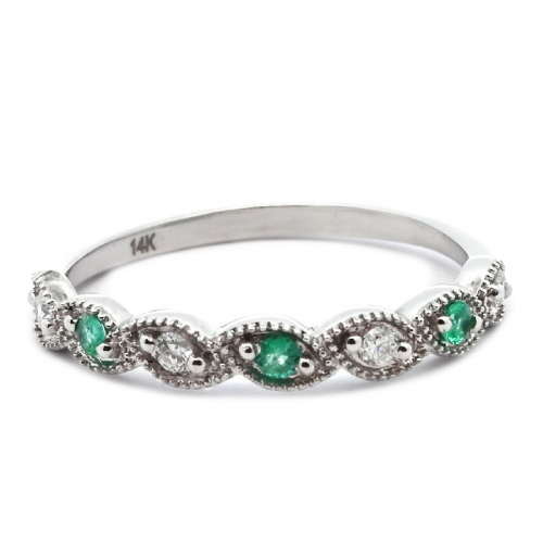 Colombian Emerald 0.06 Carat Stackable Ring Band in 14K White Gold with Diamonds
