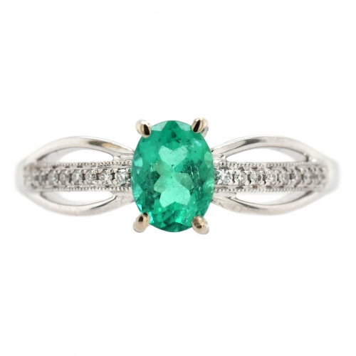 Colombian Emerald Oval 0.57 Carat Ring With Diamond Accent In 14k White Gold