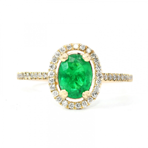 Colombian Emerald Oval 0.83 Carat Ring In 14k Yellow Gold With Accented Diamonds