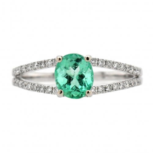 Colombian Emerald Oval 0.83 Carat Ring With Diamond Accent In 14k White Gold