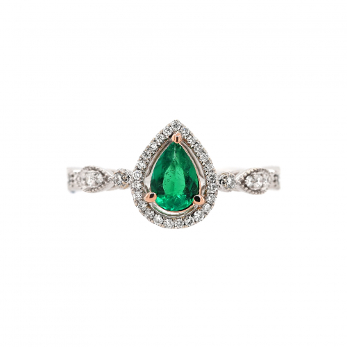 Colombian Emerald Pear Shape 0.44 Carat Ring with Accent Diamonds in 14K Dual Tone (White/Rose) Gold